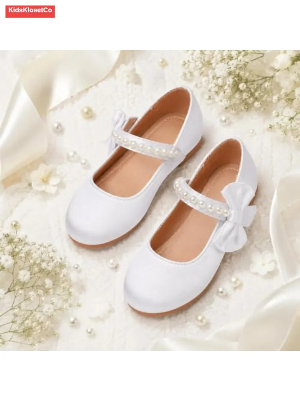 Girls' Mary Jane Flats - Satin Dress Shoes with Pearl & Bow